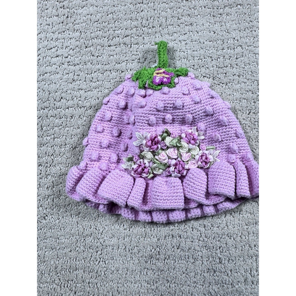 Hand & Heart Walnut CA Kids‎ Purple Crochet Strawberry Beanie Hat Ribbon Roses